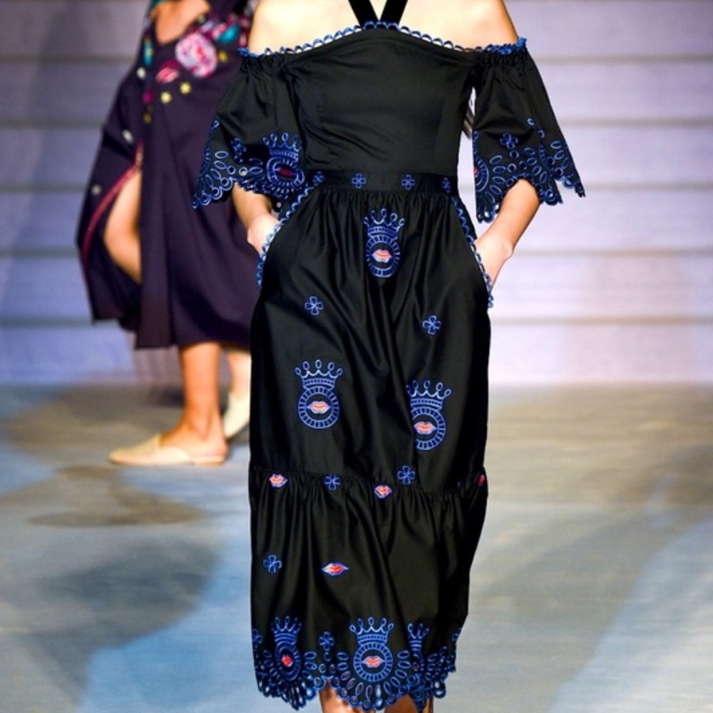 Temperley London Black Dress with Blue Embroidery